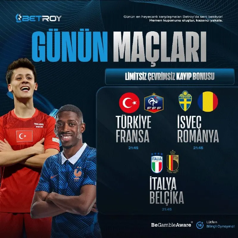 👑 BETROY'DA GÜNÜN MAÇLARI BAŞLIYOR! 👑 ⚽️ Türkiye - Fransa ⚽️ İsveç - Romanya ⚽️ İtalya…