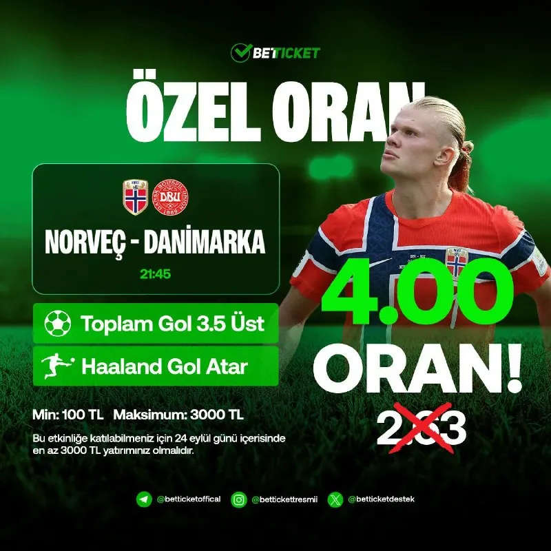 💱 Günün Maçına Özel Süper Oran ! 🇳🇴 Norveç - Danimarka 🇩🇰 🤑 Toplam 3.5 Üst Gol Olur…