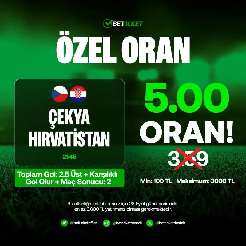 💱 Günün Maçına Özel Süper Oran ! 🇨🇿 Çekya - Hırvatistan 🇭🇷 🤑 Toplam 2.5 Üst Gol Olur +…