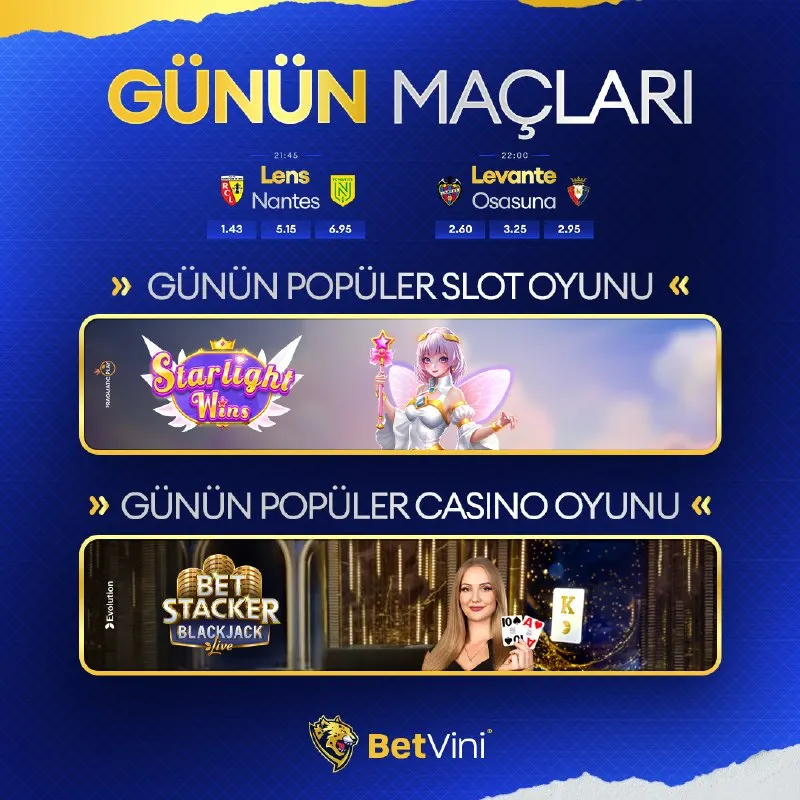 🔥 Betvini’de günün heyecanı başladı! ⚽🎰 🌟 Popüler maçlar, şans dolu slotlar ve canlı…