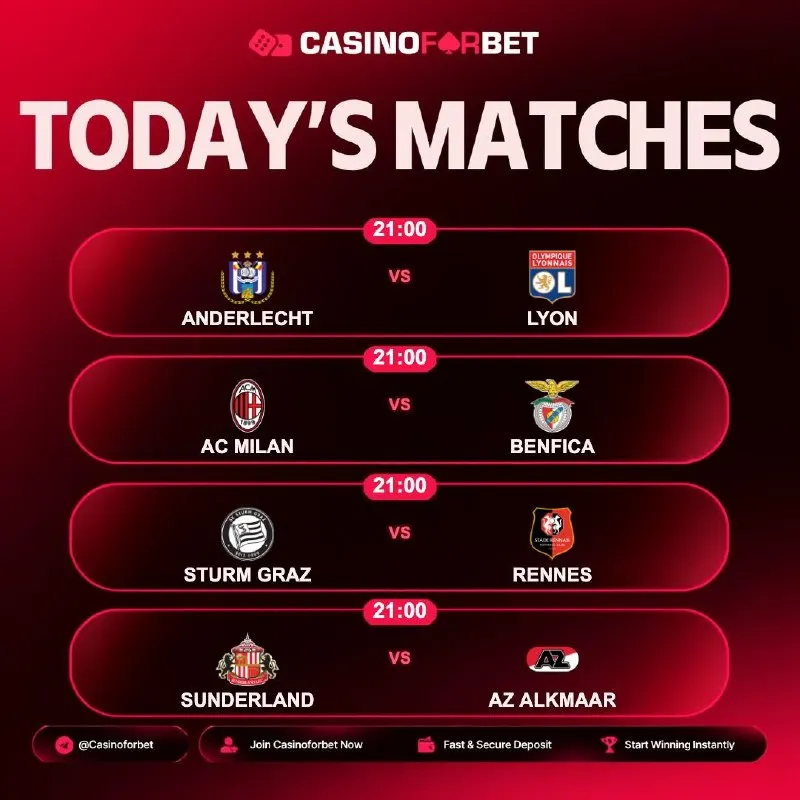 ⚽️ Matches of the Day on Casinoforbet! 🗓 16.09.2026 ⏰ 21:00 | ANDERLECHT 🎲 LYON ⏰ 21:00 |…