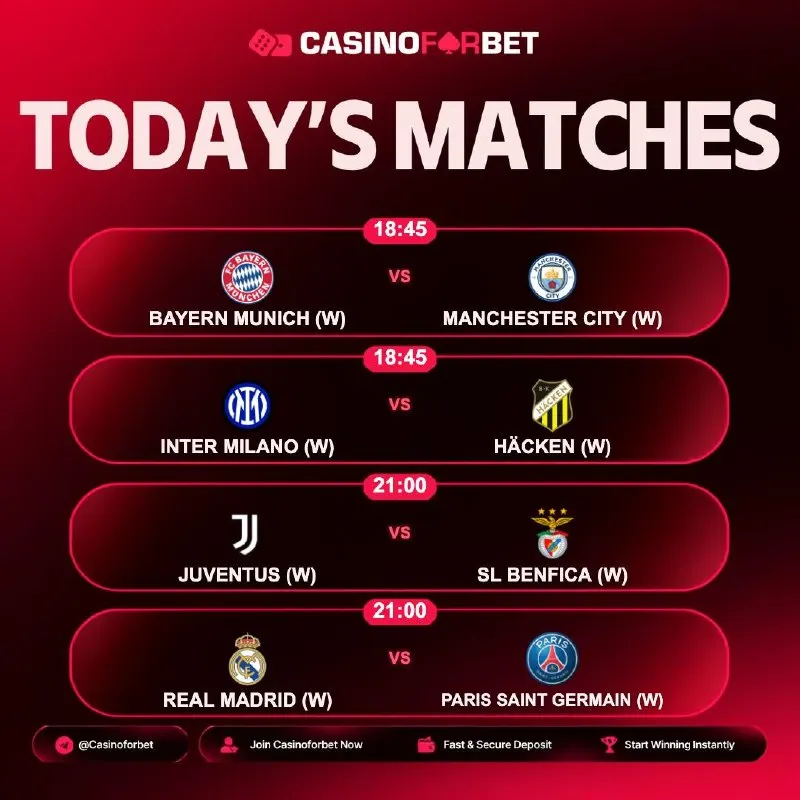 ⚽️ Matches of the Day on Casinoforbet! 🗓 22.09.2026 ⏰ 18:45 | B. MUNICH (W) 🎲 M. CITY (W)…