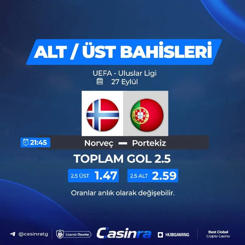 🇵🇹🇵🇹 RONALDO’LU PORTEKİZ’E 2 GOL YETER Mİ? Çizgi 2.5’ta, tarafınızı merak ediyoruz. 👀 🔥…