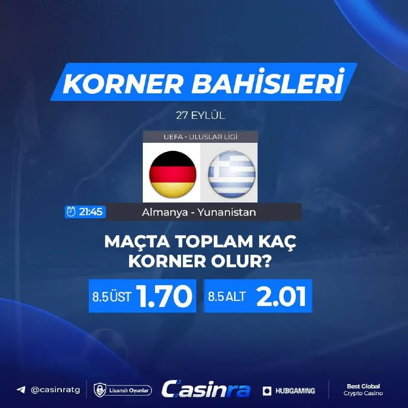 🚩 BU KEZ GÖZÜMÜZ SKOR TABELASINDA DEĞİL! Almanya ⚔️ Yunanistan korner çizgisi 8.5’ta. 🔥…
