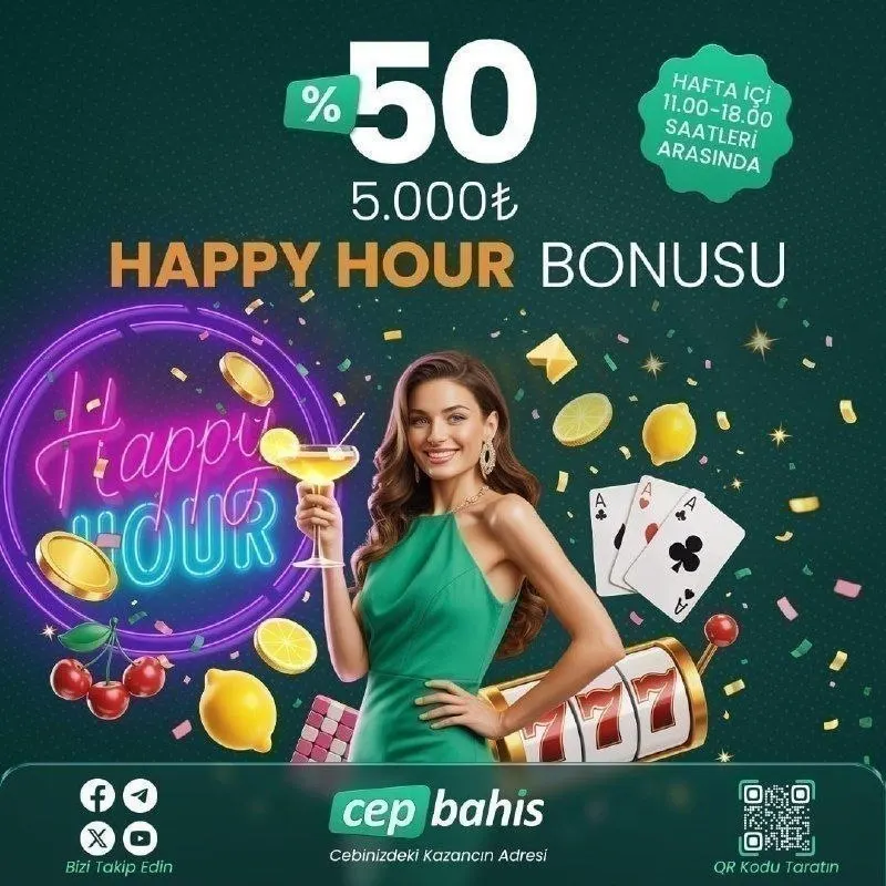 🎉 Happy Hour Başladı! 🎁 %50 Bonus → 5.000 TL’ye kadar! ⏰ Hafta içi 11:00 – 18:00 arasında…