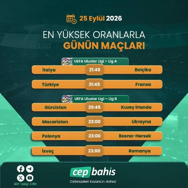 🎖️Bu heyecan dolu karşılaşmaların tadını Cepbahis’te çıkar! 🏆 UEFA Uluslar Ligi 🇹🇷…