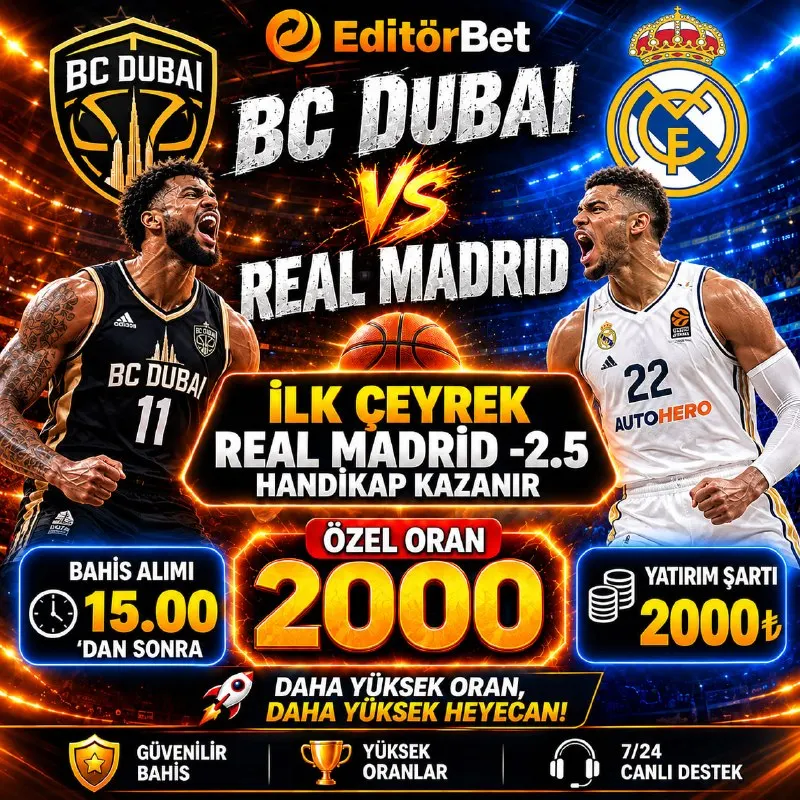 BC Dubai 🆚 Real Madrid ⭐️ İlk Çeyrek Real Madrid -2.5 Handikap Kazanır2️⃣0️⃣0️⃣0️⃣ Oran…