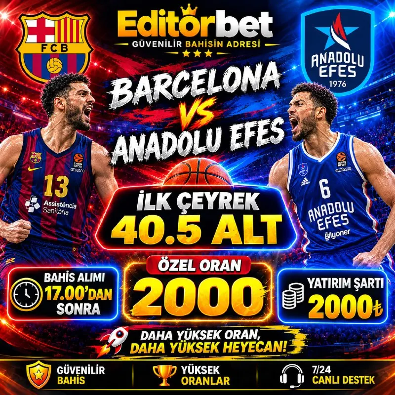 Barcelona 🆚 Anadolu Efes ⭐️ İlk Çeyrek 40.5 ALT 2️⃣0️⃣0️⃣0️⃣ Oran ⭐️ 🥇 TOPLAM ORAN…