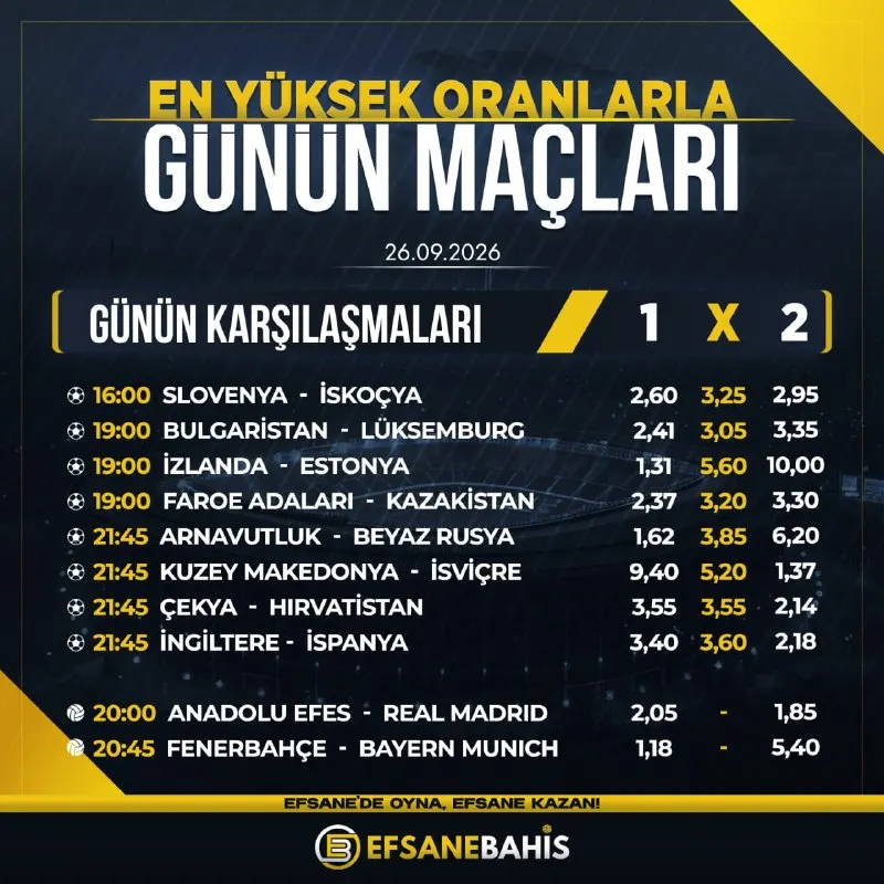 🔥 EFSANE ORANLARLA GÜNÜN MAÇLARI! 🔥 🔥 EfsaneBahis’te günün fırsatlarını yakala, kuponunu…