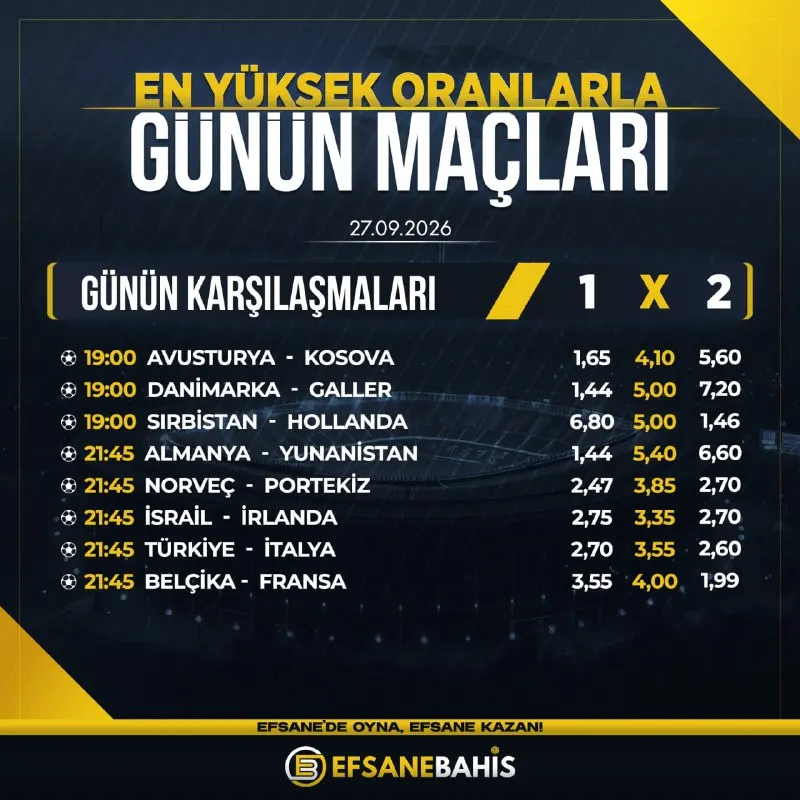 🔥 EFSANE ORANLARLA GÜNÜN MAÇLARI! 🔥 🔥 EfsaneBahis’te günün fırsatlarını yakala, kuponunu…