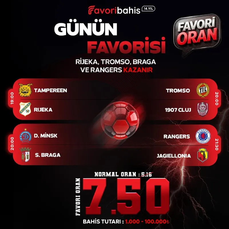 🏆 Günün Dörtlü Favorisi “Dörtlü Maç Kombine” 🗓 13.08.2026 ⚽️ Rijeka, Tromso, Braga ve…