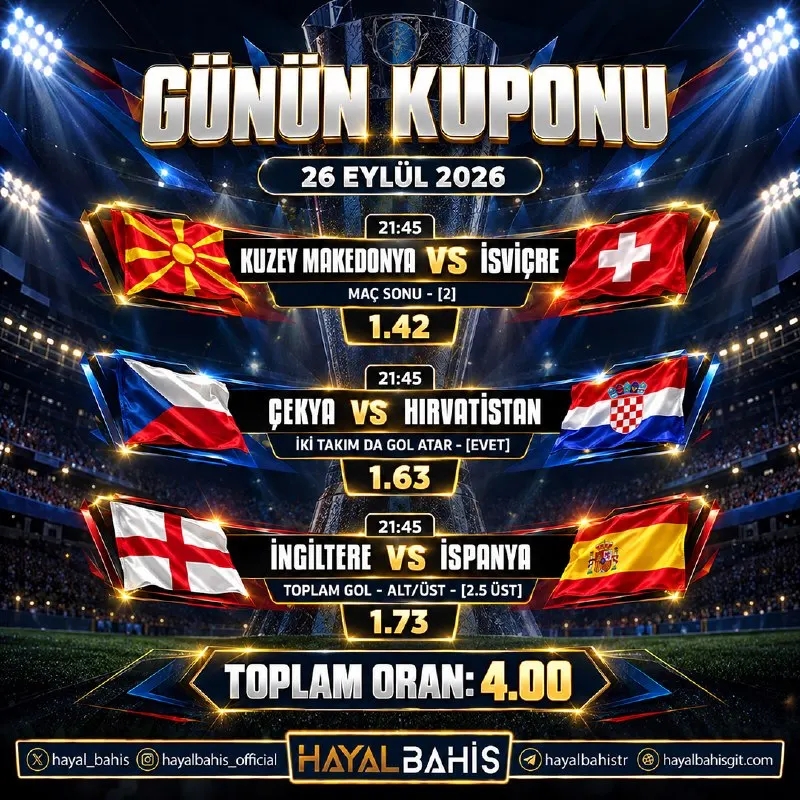 ⚡️ Tek Kuponla Hayalini Gerçekleştir! Bugünün en çok oynanan maçları ve iddialı oranlar…