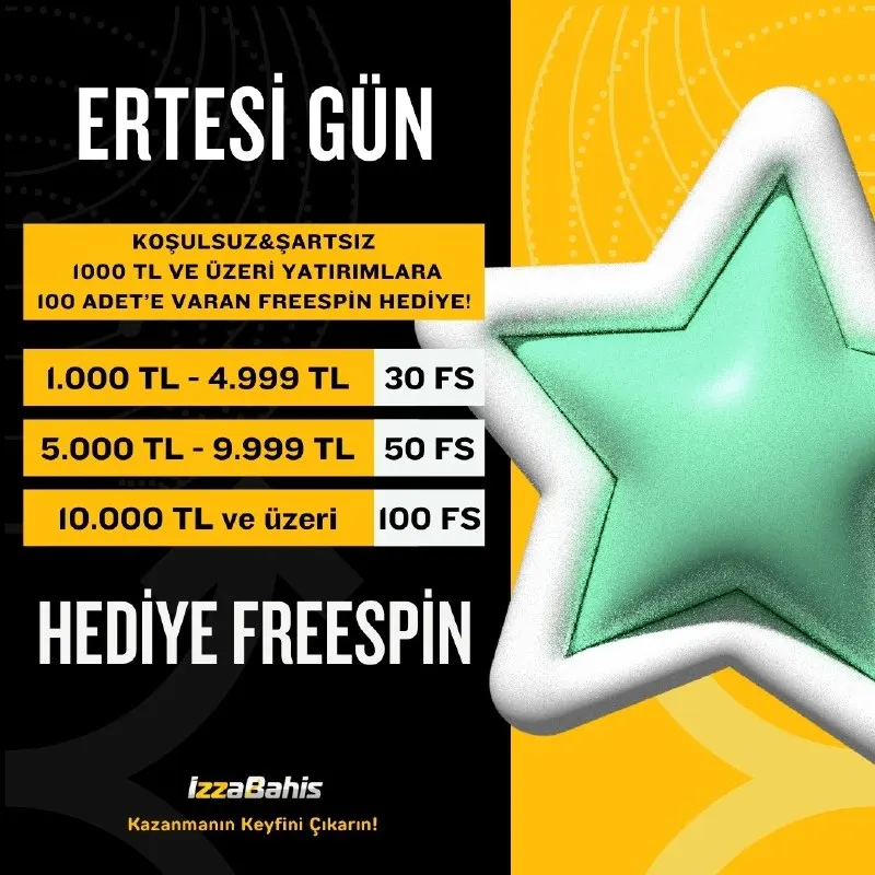 🎁 Ertesi Gün 100 Freespin Hediye! 💵 1.000-4.999 TL | 30 Freespin. 💵 5.000-9.999 TL | 50…
