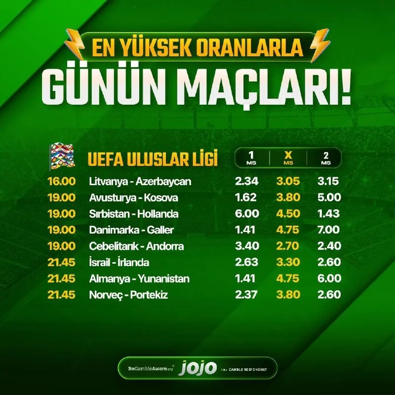 🏆 Günün maçlarında en yüksek oranlar Jojo'da! 😉 👉 TIKLA OYNA 💚💚💚💚💚💚