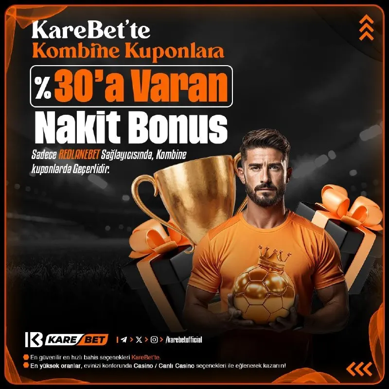 KOMBİNE KUPONLARA %30'A VARAN NAKİT BONUS ! ⚽️ REDLANEBET sağlayıcısında kombine…