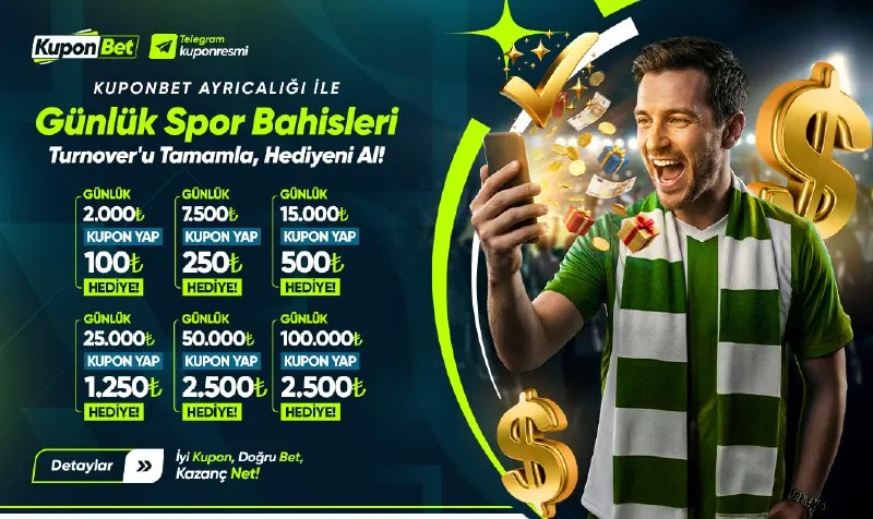 🏆 GÜNLÜK SPOR TURNOVER BONUSU! 💰 2.500₺ → 100₺ 💰 7.500₺ → 250₺ 💰 15.000₺ → 500₺ 💰 25.000₺…