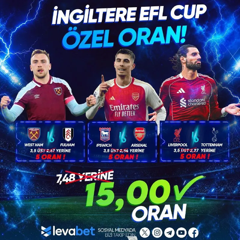 🔥 İNGİLTERE EFL CUP'A ÖZEL ORAN HEYECANI! ⚽️ West Ham – Fulhan ⚽️ İpswich – Arsenal ⚽️…