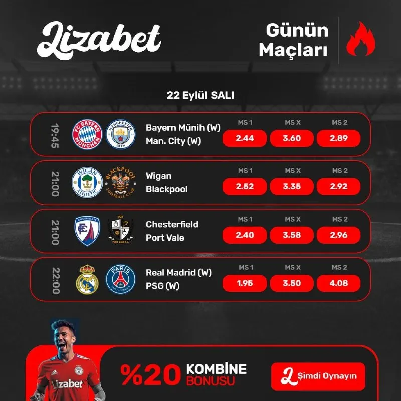 🚀 BU SALI FUTBOL HEYECANI DORUKTA! GÜNÜN ÇARPICI ORANLARI LİZABET’TE! 🚀 📅 22 EYLÜL SALI…