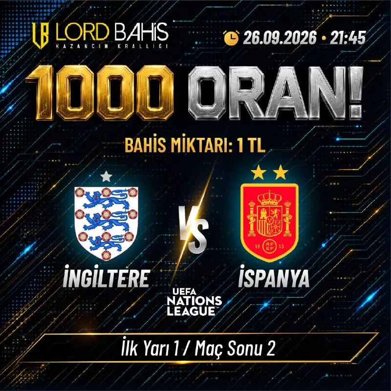 ⚽️İngiltere VS. İspanya 🗓 26 Eylül 2026 - ⏲ 21:45 🌟 Müsabakada Türkiye Kaybetmez 💥 1000…