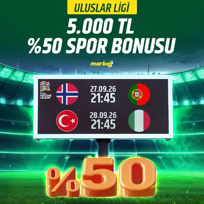 ⚽ MİLLİ MAÇLARIN SON İKİ GÜNÜ, BONUSUN HAZIR! 💎 5️⃣🔣0️⃣0️⃣0️⃣ 🔠🔠'ye kadar %50 spor bonusu…