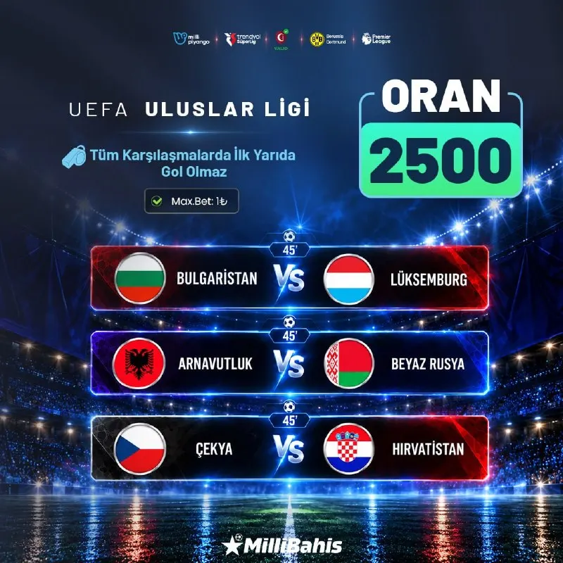 🏆 UEFA ULUSLAR LİGİ’NDE 3 MAÇLIK ÖZEL FIRSAT! 🔥 İLK YARIDA GOL OLMAZ 👍 ÖZEL ORAN: 👍👍👍👍…