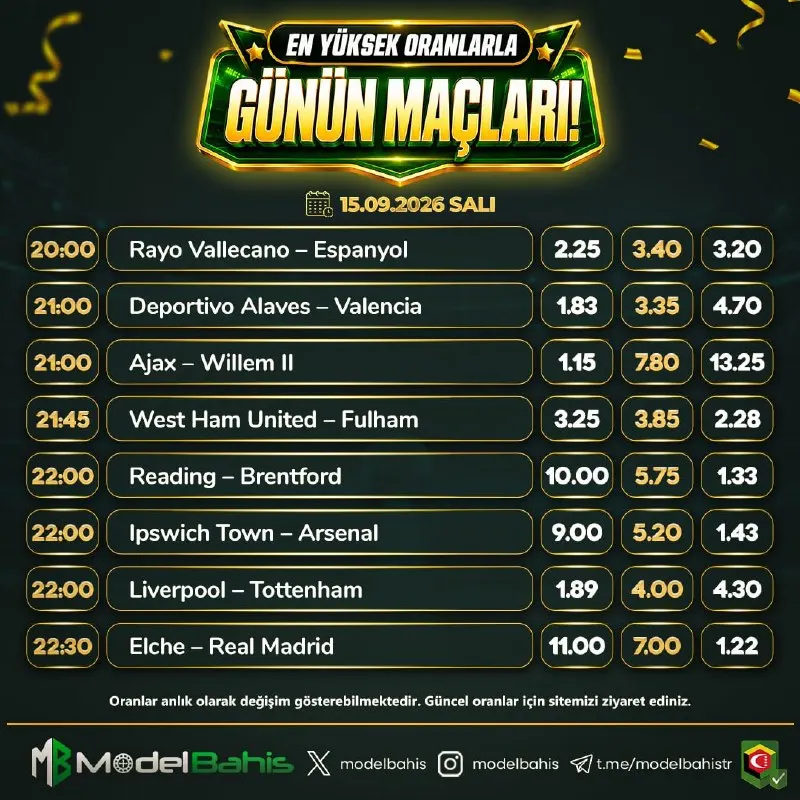 🏆 EN YÜKSEK ORANLARLA GÜNÜN MAÇLARI! 🏆 💥 En yüksek oranlar her zaman Model Bahiste! ➡️…