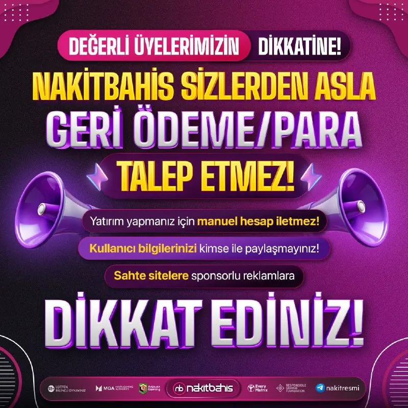 ⚠️ Değerli Üyelerimizin Dikkatine ⚠️ ⚠️ Nakitbahis sizlerden hiçbir zaman Geri Ödeme/Para…