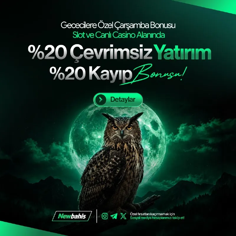 🌙 GECECİLERE ÖZEL ÇARŞAMBA BONUSU! 🌙 🎰 Slot & Canlı Casino alanında: 💥 %20 ÇEVRİMSİZ…