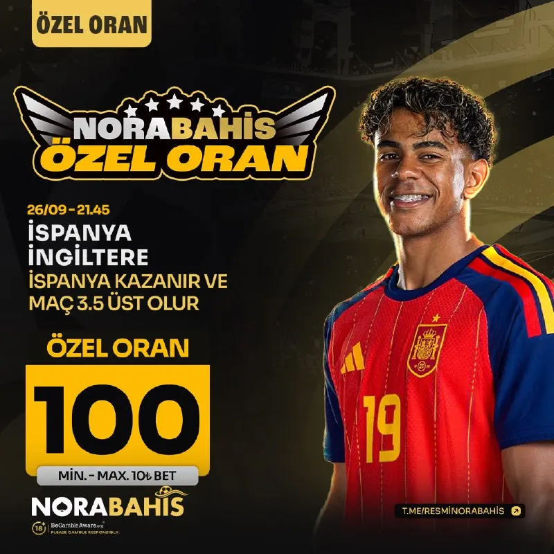 ⚽️ 🤩🤩🤩 ÖZEL ORAN #NORABAHİS'TE ⚡️ 21:45| 🇪🇸 #İspanya 🆚 #İngiltere 🏴󠁧󠁢󠁥󠁮󠁧󠁿 ⚡️ Bahis Türü…