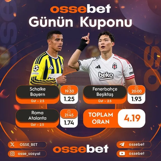 🏆 Ossebet Günün Kuponu ⏱19.30 🇩🇪 Schalke 🇩🇪 Bayern 🇩🇪 ⏱20.00 🇹🇷 Fenerbahçe 🇹🇷 Beşiktaş 🇹🇷…