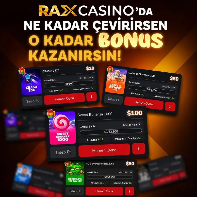 🎰 RaxCasino'da Ne Kadar Çevirirsen, O Kadar BONUS! Favori oyunlarını oyna, çevirdikçe…