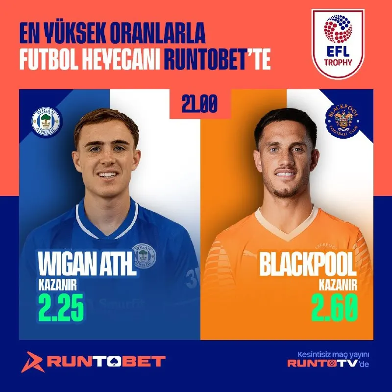 🔥⚽️ GÜNÜN MAÇI ⚽️🔥 🏆 WIGAN ATH. 🆚 BLACKPOOL ⏰ 21:00 📺🔥 RUNTO TV ile canlı maç keyfini…