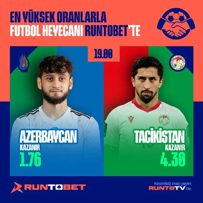 🔥⚽️ GÜNÜN MAÇI ⚽️🔥 🏆 AZERBAYCAN 🆚 TACİKİSTAN ⏰ 21:00 📺🔥 RUNTO TV ile canlı maç keyfini…