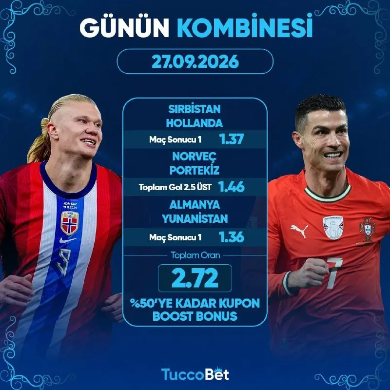 ⚽️ #TUCCOBET'TE GÜNÜN KOMBİNESİ YAYINDA✍️ ⚡️ Günün Kombine Kuponlarına Özel %50'ye Kadar…