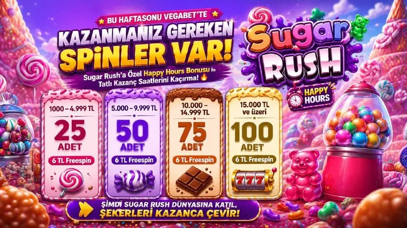 🍬HAFTA SONU ÖZEL SUGAR RUSH🆗 🍬HAPPY HOURS HIT SPIN 🍬 👛1.000 - 4.999 TL 6 TL 25 Adet🍭…