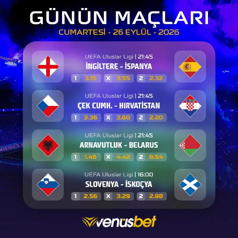 ⚽️ UEFA Uluslar Ligi heyecanı #Venus’te: yüksek oranlı maçlar seni bekliyor! 💰 Kazanç…