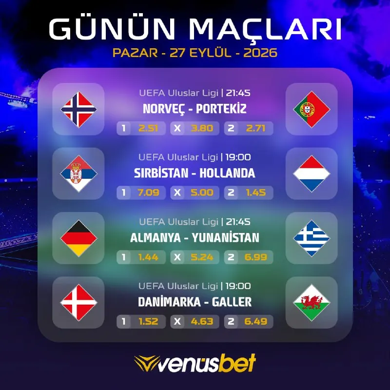 ⚽️ UEFA Uluslar Ligi heyecanı #Venus’te: yüksek oranlı maçlar seni bekliyor! 💰 Kazanç…