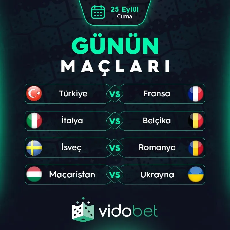 GÜNÜN MAÇLARI VIDOBET'TE! ⚽️ 🇹🇷 Türkiye - Fransa 🇫🇷 🇮🇹 İtalya - Belçika 🇧🇪 🇸🇪 İsveç…