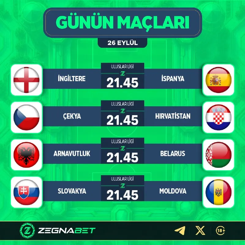 GÜNÜN MAÇLARI ZEGNA'DA! ⚽️ 🏴󠁧󠁢󠁥󠁮󠁧󠁿 İngiltere - İspanya 🇪🇸 🇨🇿 Çekya - Hırvatistan 🇭🇷 🇦🇱…