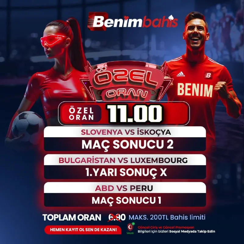 🚨 BENİMBAHİS’TEN ❤️ ALEV GİBİ ÖZEL ORAN! 🔥 ❤️SLOVENYA VS İSKOÇYA 🔴 16:00 26.09.26 MAÇ…