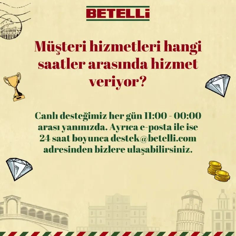 🎧 Betelli canlı destek her gün 11:00 - 00:00 arası sizinle! 24 saat e-posta desteğiyle de…