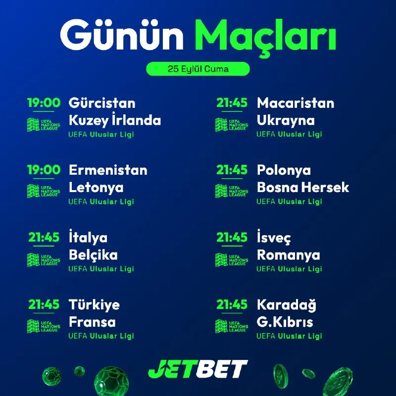 🌍 Uluslar Ligi'nde günün dev mücadeleleri başladı! Jetbet'in yüksek oranlarıyla kuponunu…