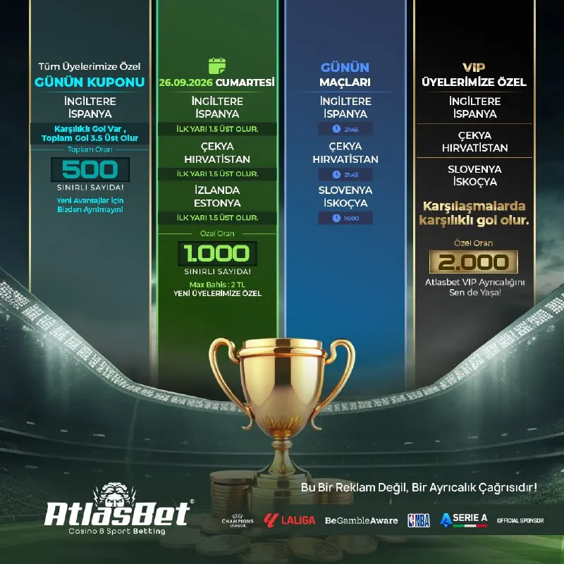🏆 #ATLASBET DEV ORANLAR AÇILDI! 🏆 💎 Mevcut Üyemiz misin? Tam 500 ORAN ile oynayın! 🆕 Yeni…