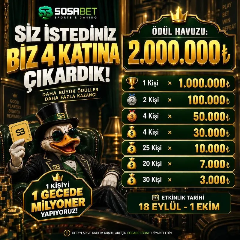🎟 SOSABET İLE HERKESE ÖDÜL! 🏆 Ödül havuzunu 4 katına çıkardık: Tam 2.000.000₺! 👑 1 kişiyi…