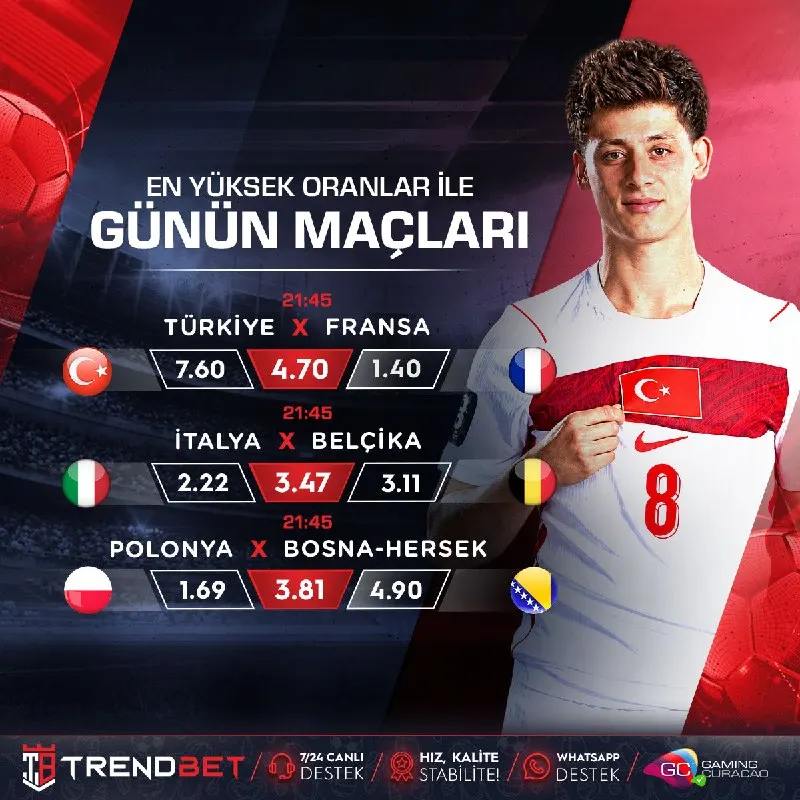 ⬇️ #TrendBet 'ten Günün En Heyecanlı Maçları ⬇️ 🕒 21:45 - Türkiye ⚔️ Fransa 🕒 21:45…