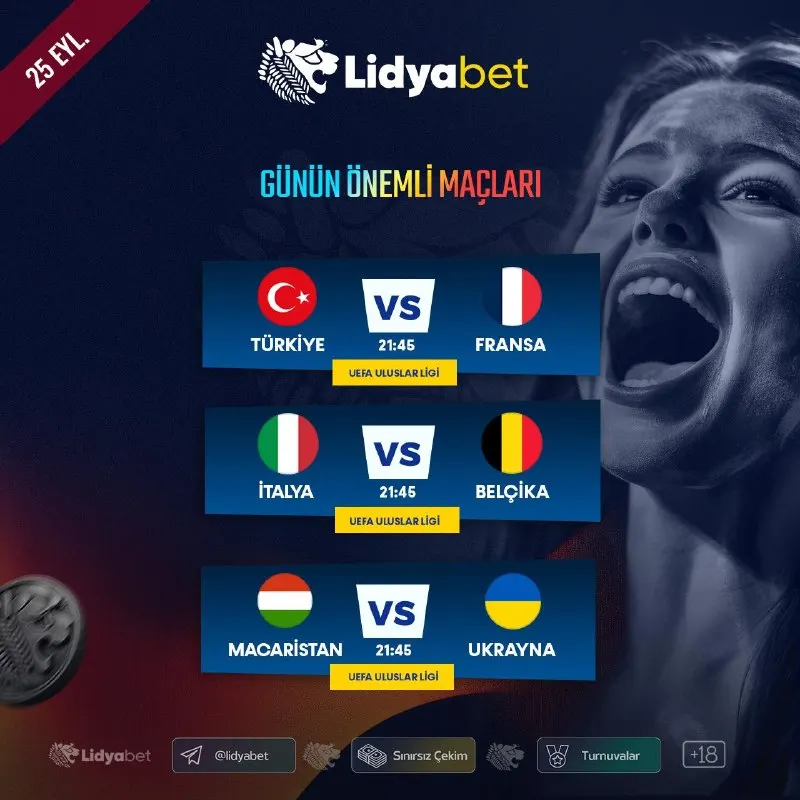 💰Bugünün Yüksek Oranlı Maçları LidyaBet’te! 🔥 ⚽️ Türkiye 🆚 Fransa ⚽️ ⚽️ İtalya 🆚 Belçika…