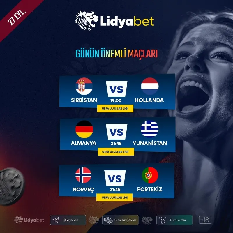 💰Bugünün Yüksek Oranlı Maçları LidyaBet’te! 🔥 ⚽️ Sırbistan 🆚 Hollanda ⚽️ ⚽️ Almanya 🆚…