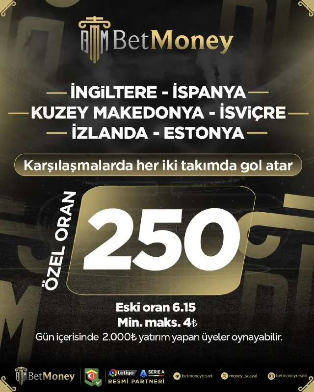 🔥 Günün Özel Oranlı Kuponu BetMoney’de! 🎯 HEPSİ KG 💥 Özel Oran: 250 📉 Eski Oran : 6.15 🌟…
