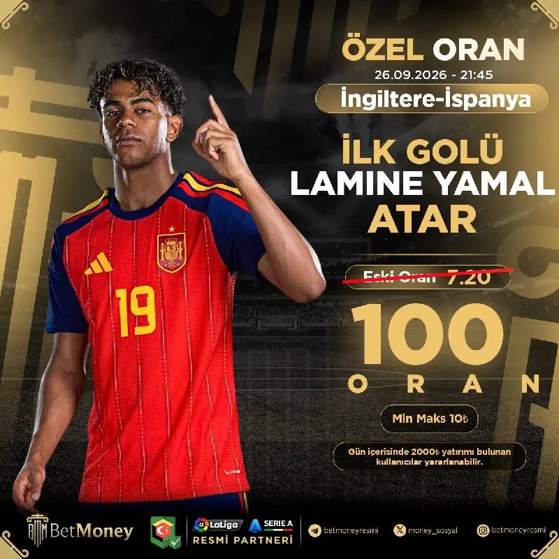 🔥 Günün Özel Oranlı Kuponu BetMoney’de! 🎯 İLK GOLÜ YAMAL ATAR 💥 Özel Oran: 100 📉 Eski…