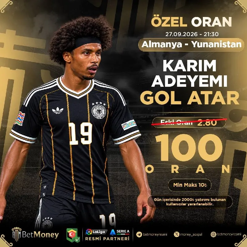 🔥 Günün Özel Oranlı Kuponu BetMoney’de! 🎯 ADEYEMI GOL ATAR 💥 Özel Oran: 100 📉 Eski Oran…